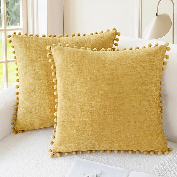 CaliTime Throw Pillow Covers Decorative 20 X 20 Inches Pack of 2 Cozy Solid Dyed Soft Chenille Cushion Cases with Pom Poms for Couch Sofa Bed Living Room Home Gold