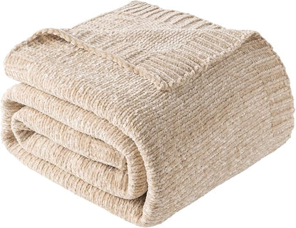 BATTILO HOME Knit Chenille Throw Blanket for Couch, Cozy Beige Throw Blankets for Home Decor,Lightweight Soft Throw for Bed,Sofa,Chair 51"x67"
