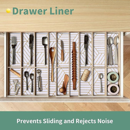 Shelf Liners for Kitchen Cabinets 23.6 in x 30 FT, Non Adhesive Cabinet Liner Strong Non-Slip Thickened Gold Geometric Drawer Liner, Easy to Clean for Shelf