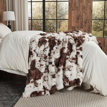 Lotus Karen Faux Fur Throw Blanket Cow Print-Dark Brown, Fluffy Fuzzy Plush Bubble Blanket for Couch, 108x90 Inches Cozy Shaggy Rabbit Blanket, Luxury Decorative Gifts for Sofa Bedroom Living Room.