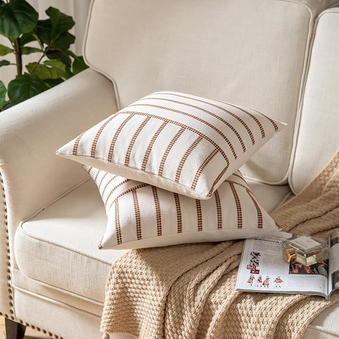 Caflife Boho Throw Pillow Covers 20x20 Set of 2 Soft Farmhouse Decorative Couch Pillow Cases Brown Striped Pillow Covers Neutral Cushion Covers for Sofa Bed Living Room Home Decor