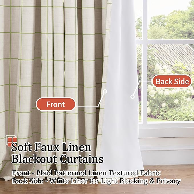 Sage Green Plaid Linen Blackout Curtains for Bedroom - Boho Style Curtains Thermal Insulated, Pattern Printed Rustic Drapes Window Treatments for Farmhouse, 52x63 Inch 2 Panels