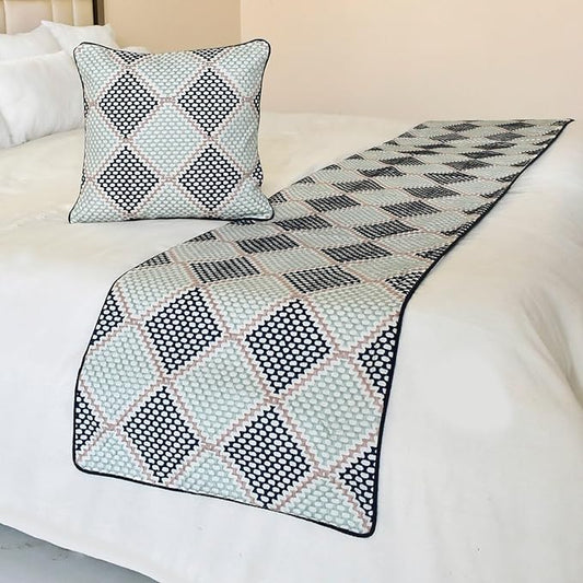 The HomeCentric King/Queen/Twin Blue Decorative Bed Runner King 90"x18" Bed Runner with One Pillow Cover, Embroidered Bed Scarf on Embroidered Fabric - Pointillism