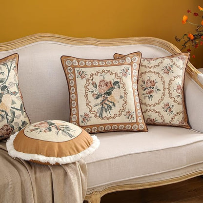 patdrea Designer Vintage Floral Throw Pillow Covers for Couch,Brown Yellow Linen Pillowcases with Bird and Rose Pattern Decorative Square Cushion for Bed Living Room Outdoor Cafe Car,18"x18"