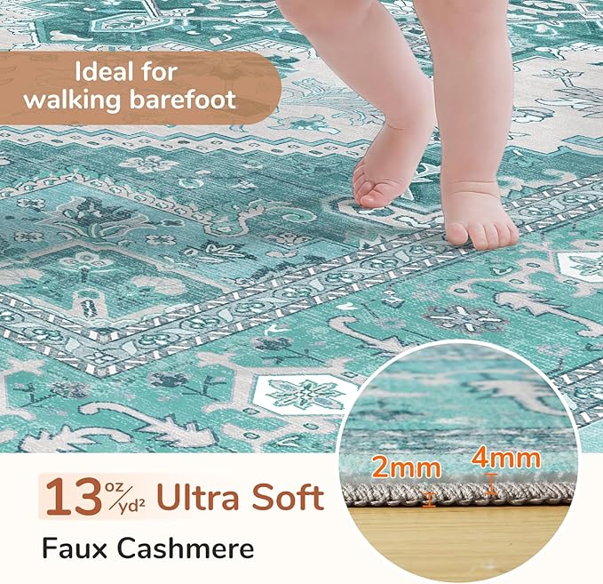 OPPODREAM Thin 8x10 Area Rugs, Washable Rugs 8x10 with Non Slip Backing, Faux Cashmere Low-Pile 8 x 10 Carpet, Teal & Turquoise & Cream