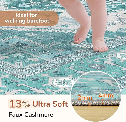 OPPODREAM Thin Area Rugs 4x6, Low-Pile Washable Rugs 4x6 with Non Slip Backing, Faux Cashmere 4 x 6 Throw Carpet, Teal & Turquoise & Cream