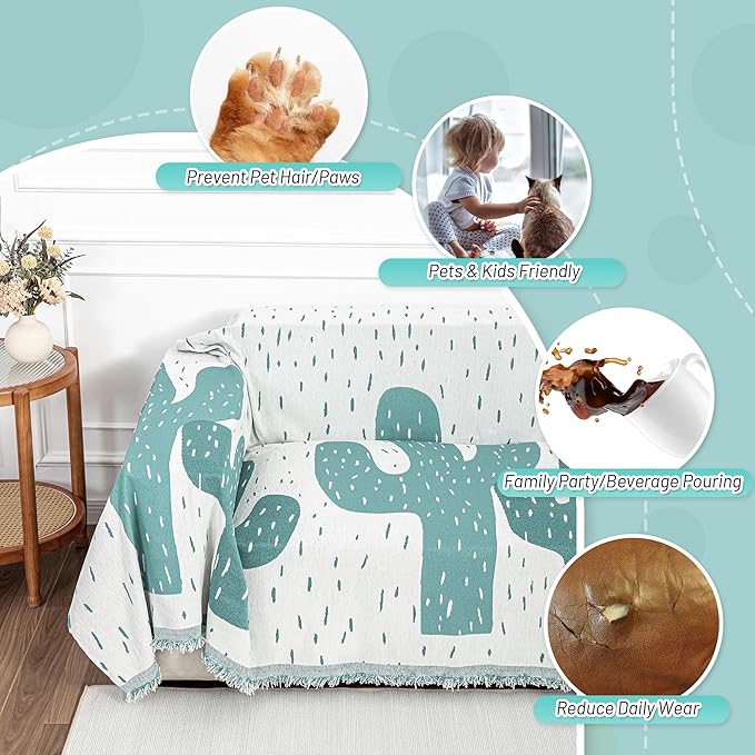MYSKY HOME Couch Cover for Sectional Sofa Set Cactus Pattern Sofa Cover Washable for Dogs Cats Pets Couch Cover 3 Cushion Sofa Chenille Couch Protector Multi-Use Couch Cover Blanket, 71" X134"