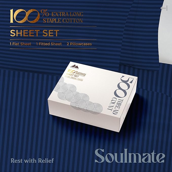 Mayfair Linen 100% Cotton Striped Sheets Twin Size Bed Set - 500 Thread Count Damask Sheets Twin Size 3 PC Set (Navy Blue Stripe), Soft, Cooling, Sateen Hotel-Quality 16" Deep Pocket Cotton Bedsheet