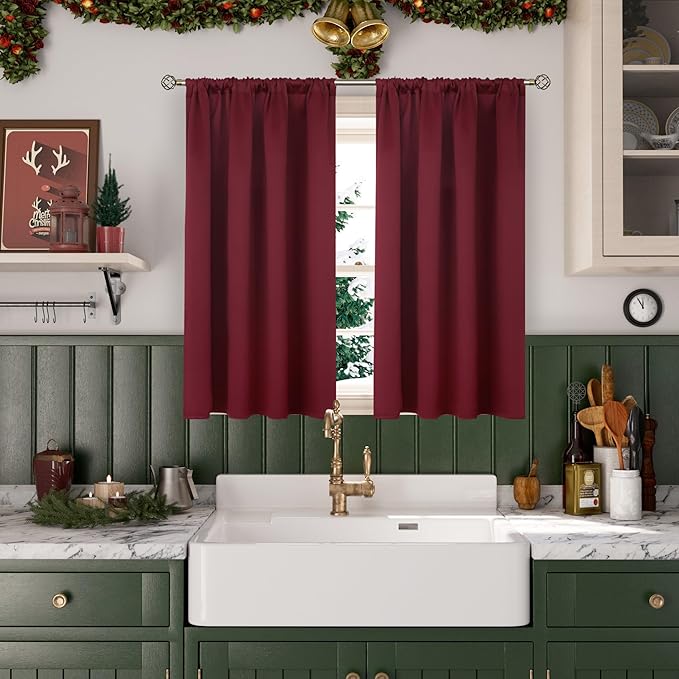 BGment Short Burgundy Blackout Curtains 45 Inches Length - Rod Pocket Thermal Insulated Room Darkening Window Drapes for Bedroom Kitchen Christmas Decorative, 42 x 45 Inch, 2 Panels