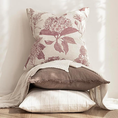 Foindtower Set of 2 Linen Floral Vintage Throw Pillow Covers Neutral Accent Decorative Cushion Covers Farmhouse Boho Home Decor for Sofa Chair Couch Bedroom Living Room,20×20 Inch,Dark Pink