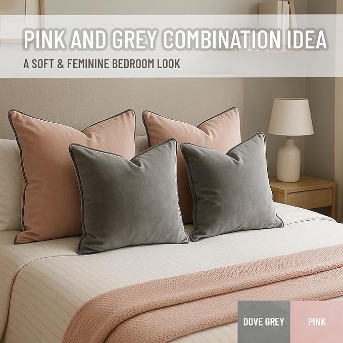 2 Pack Velvet Decorative Throw Pillow Covers, 12"x20", Pink and Grey, Solid, Modern, Contrast Piping, Indoor Use, Bedroom & Living Room