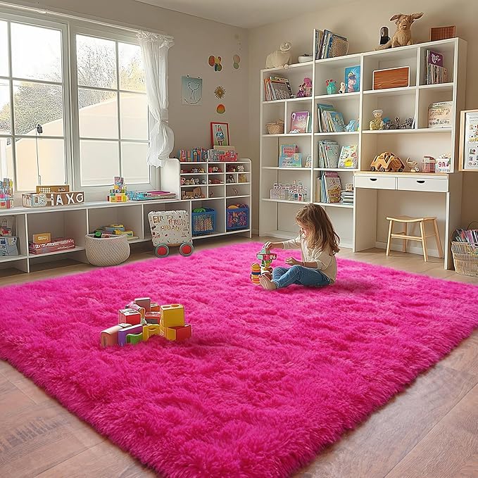 Fluffy Rugs for Living Room, Soft Shaggy for Bedrooms, Hot Pink Area Rug for Bedroom, Cozy Fuzzy Carpet for Kids, Perfect Indoor Decor for Boys and Girls 6x9 Feet