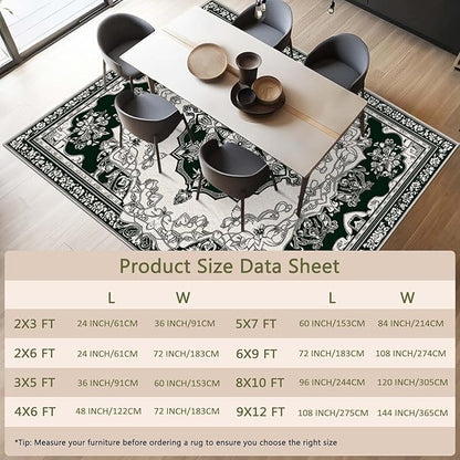 5x7 Traditional Oriental Area Rug Black White Dark Green Rug Non Slip Low Pile Large Carpet for Home Kitchen Living Room Bedroom Dining Room Office