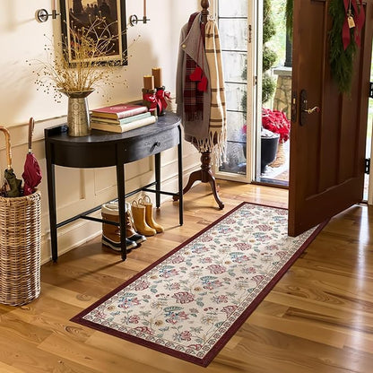 jinchan Elora 2x5 Floral Runner Rug for Hallway Washable Runner Vintage Romance Christmas Design Non Slip Thin Indoor Floor Cover Low-Profile Throw Carpet for Entryway Bathroom Bedroom, Red/Beige