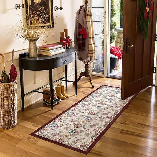 jinchan Elora 2x5 Floral Runner Rug for Hallway Washable Runner Vintage Romance Christmas Design Non Slip Thin Indoor Floor Cover Low-Profile Throw Carpet for Entryway Bathroom Bedroom, Red/Beige