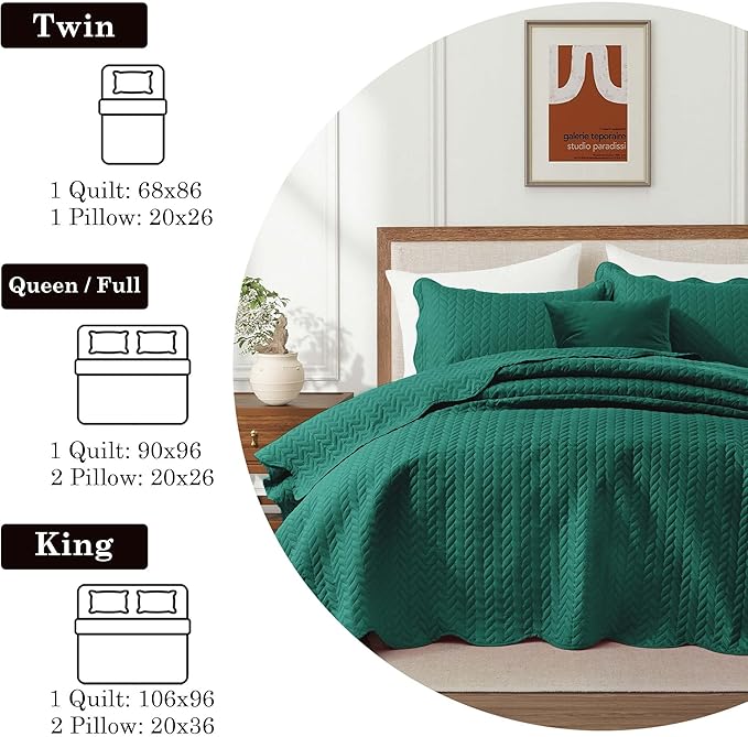 IR Imperial Rooms California King Quilt Bedding Set Size (118"x106") + 2 Pillow Shams (20" x 36"+ 2") - 3 Pcs All Season Reversible Microfiber Coverlet Embossed Quilt Bedspread (Emerald)