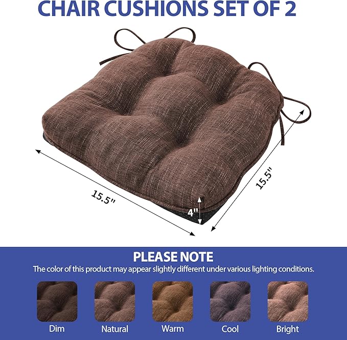 Chair Cushions for Dining Chairs Set of 2, Kitchen Chair Cushions, Chair Pads with Ties and Non Slip Backing, Tufted Memory Foam Seat Cushion 2 Pack, 15.5" x 15.5" x 4", Brown