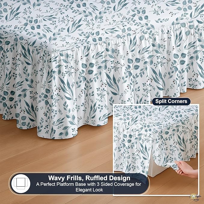 Cottington Lane Ruffled Bed Skirt Full Size with Split Corner, Brushed Microfiber Hotel Quality Dust Ruffle, 21" Drop Gathered Bedskirt, Soft, Stylish, Shrink & Fade Resistant, Tranquil Green Petals