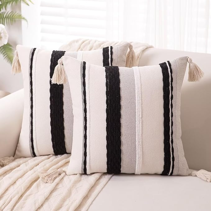 Boho Throw Pillow Covers 18x18 Set of 2 Woven Tufted Farmhouse Pillows Cover with Tassels Textured Stripe Cushion Case Neutral Pillow Cases Decorative Pillowcase for Couch,Black and White