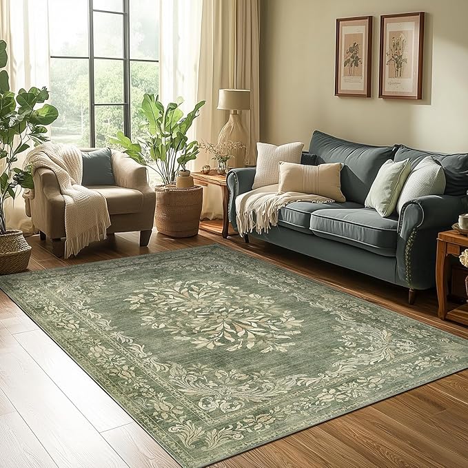 jinchan Green Floral 5x7 Area Rugs for Living Room - Machine Washable Distressed Vintage Design Soft Low-Pile Non-Slip Christmas Carpet for Dining Room Bedroom Home Office Nursery (5x7ft, Dark Green)