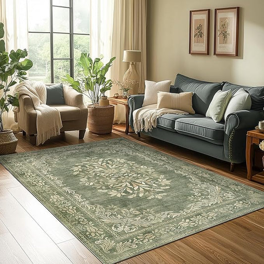 jinchan Green 4x6 Area Rug Vintage Floral Design - Machine Washable Distressed Soft Ultra-Thin Low-Pile Non-Slip Christmas Carpet for Entryway Kitchen Bedroom Nursery Living Dining Room (4x6ft, Green)