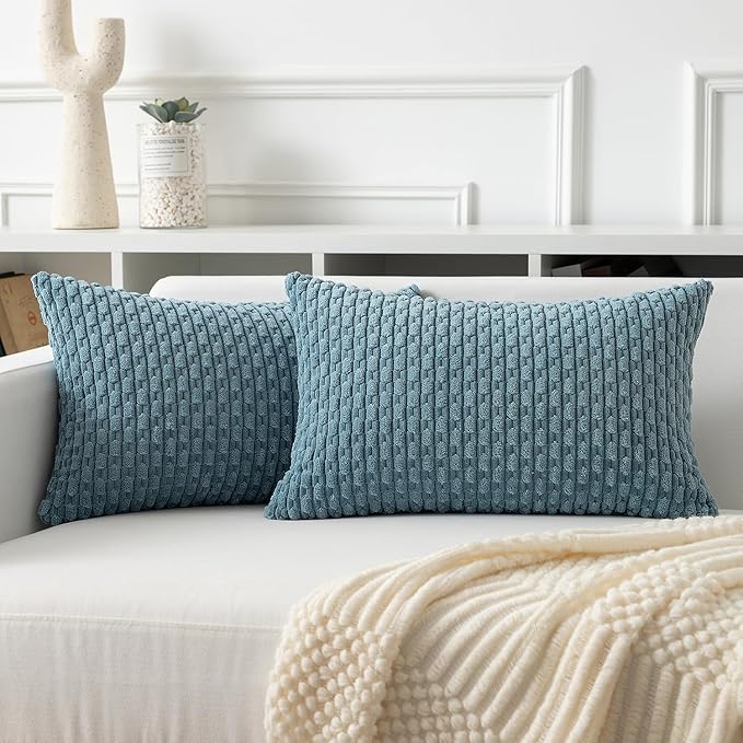 Kevin Textile 12x24 Inch Pillow Cover 1 Pack Boho Decorative Soft Striped Corduroy Lumbar Farmhouse Solid Color Accent Rectangle Cushion Case for Living Room Couch Sofa Bed, Blue Grey