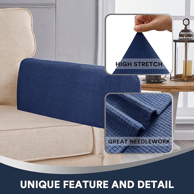 Stretch Sofa Arm Covers Spandex Jacquard Anti-Slip Couch Arm Covers with Sticker Furniture Armrest Protector for Sofa Couch Chair Recliner, Set of 2, Navy