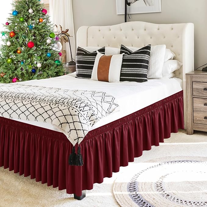 Biscaynebay Wrap Around Bed Skirts for King & Cal King Beds Short Drop of 12", Burgundy Adjustable Elastic Dust Ruffles Easy Fit Wrinkle Resistant Silky Luxurious Fabric Machine Washable