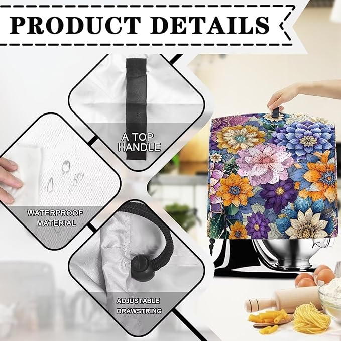 Boho Flower Mixer Covers Dust Covers for Stand Mixer Kitchen Counter Mixer Parts & Accessories Decor for Kitchen Kid Mixer Cover Colorful