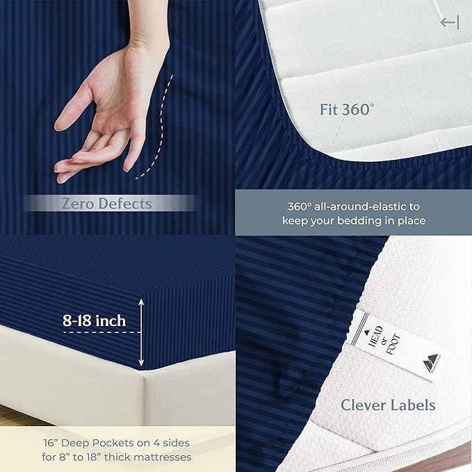 Mayfair Linen 100% Cotton Striped Sheets King Size Bed Set - 500 Thread Count Damask Sheets King Size 4 PC Set (Navy Blue Stripe), Soft, Cooling, Sateen Weave Hotel-Quality 16" Deep Pocket Bedsheet