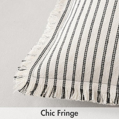 MIULEE Black Pack of 2 Pillow Covers 18x18 Inch Striped Farmhouse Couch Throw Pillow Covers with Fringe Chic Linen Decorative Cushion Covers for Sofa Living Room Bed Outdoor Home Decor