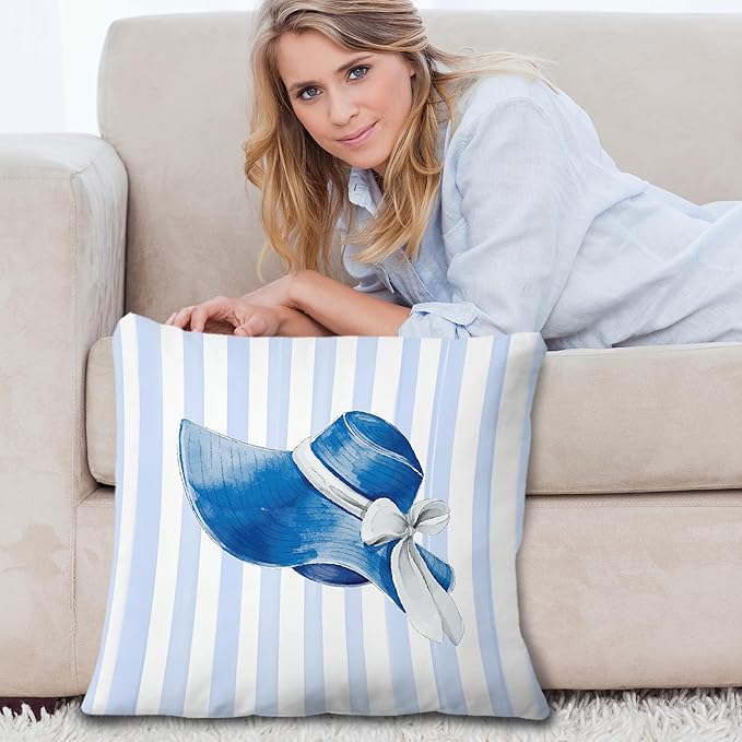 Coquette Bow Blue Hat Pillow Covers 18x18, Preppy Girly Room Decor Aesthetic, Blue and White Striped Elegant Bow Hat Throw Pillow Covers for Girls Bedroom Dorm Home