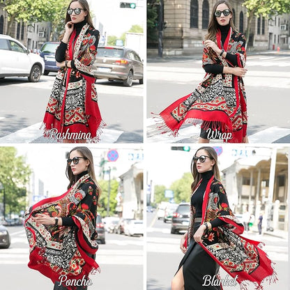 DANA XU 100% Merino Wool Extra Large Pashmina Blanket Travel Scarf Cashmere Wrap for Women Fall Winter Oversize Shawl Floral