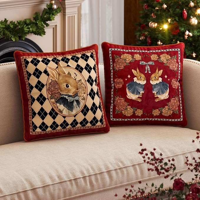 Grandmillennial Checkered Pillow Cover, Velvet Euro Sham Covers Decorative Throw Pillow Covers 18x18 for Couch Sofa Bed Living Room, Christmas & Holiday