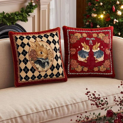 Grandmillennial Checkered Pillow Cover, Velvet Euro Sham Covers Decorative Throw Pillow Covers 18x18 for Couch Sofa Bed Living Room, Christmas & Holiday