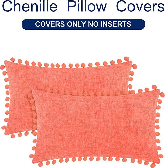 CaliTime Throw Pillow Covers Decorative 20 X 12 Inches Pack of 2 Cozy Solid Dyed Soft Chenille Cushion Cases with Pom Poms for Couch Sofa Bed Living Room Home Living Coral