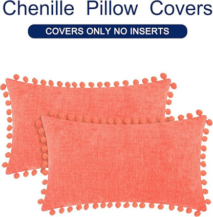 CaliTime Throw Pillow Covers Decorative 20 X 12 Inches Pack of 2 Cozy Solid Dyed Soft Chenille Cushion Cases with Pom Poms for Couch Sofa Bed Living Room Home Living Coral