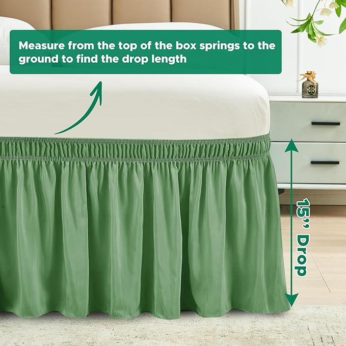 Biscaynebay Wrap Around Bed Skirts for King & Cal King Beds 15" Drop, Sage Adjustable Elastic Dust Ruffles Easy Fit Wrinkle & Fade Resistant Silky Luxurious Fabric Machine Washable