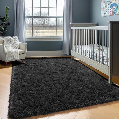 ONASAR Black Area Rugs for Living Room Bedroom, 5x8 Fluffy Shaggy Rug, Washable Soft Plush Large Indoor Floor Carpet for Nursery Kids Girls Boys Teen Dorm Bedside Playroom Home Office Decor Aesthetic