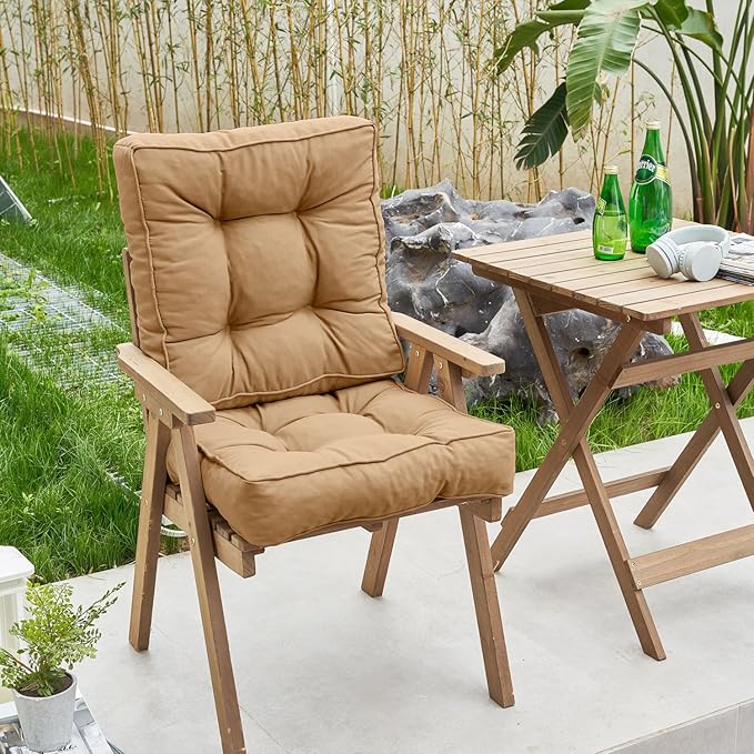 ARTPLAN Outdoor Seat Cushion,Square Thick Tufted Pure Chair Cushion for Patio Wicker Chair with Tie,Set of 2,19"x19"x5"，Light Brown