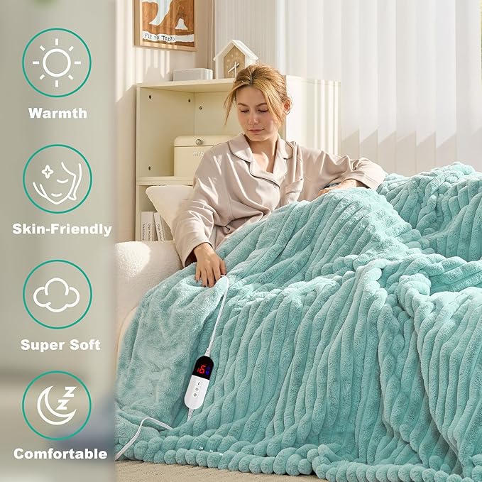 Heated Blanket 84"X90",Fast Heating Blanket with 6 Heat Levels 10 Hours Auto-Off Overheat Protection,Stripe Faux Rabbit Fur Soft Warm Electric Blanket, ETL Certified (Green, 84"X90")