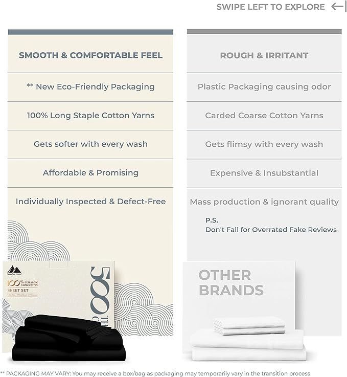 Mayfair Linen 500 Thread Count Twin Cotton Sheets - 3 PC Twin Size Bed Sheet Set Cotton (Black), Soft, Cooling, Sateen Hotel-Quality 16" Deep Pocket Bedsheet for Hot Sleepers (Fits 18" Mattress)