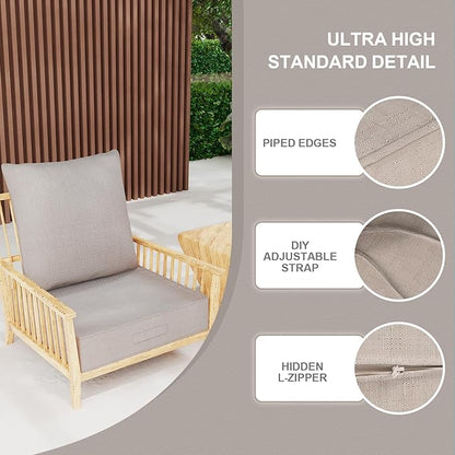Outdoor Olefin Water-Resistant Deep Seat Cushion Set, 23''x 26''x6'' Weather and Fade Resistant Patio Furniture Seat Cushion, Thickened Sofa Chair Pad with Straps for Lawn, Garden, Light Beige