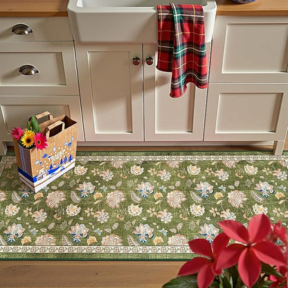 jinchan Elora 2x5 Floral Runner Rug for Hallway Washable Runner Vintage Romance Christmas Design Non Slip Thin Indoor Floor Cover Low-Profile Throw Carpet for Entryway Bathroom Bedroom Porch, Green
