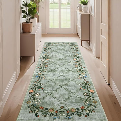 GarveeHome 2x6 Washable Floral Runner Rugs for Hallway: Modern Floral Non Slip Large Runner Rugs for Kitchen, Large Machine Washable Hallways Low Pile Carpet with Non-Slip Backing Green 2 ft x6 ft.