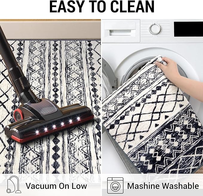 KUTA Boho Runner Rug for Hallway 2.6x16 Moroccan Washable Black Navy Blue Rugs Non-Slip Vintage Long Kitchen Runners Soft Geometric Floor Carpet for Bedroom Laundry Living Room