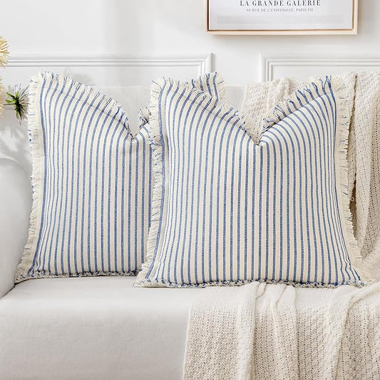 MIULEE Pack of 2 Royal Blue Pillow Covers 20x20 Inch Striped Farmhouse Couch Throw Pillow Covers with Fringe Chic Linen Decorative Cushion Covers for Sofa Living Room Bed Outdoor Home Decor