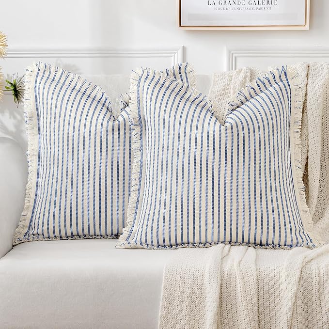 MIULEE Pack of 2 Royal Blue Pillow Covers 18x18 Inch Striped Farmhouse Couch Throw Pillow Covers with Fringe Chic Linen Decorative Cushion Covers for Sofa Living Room Bed Outdoor Home Decor