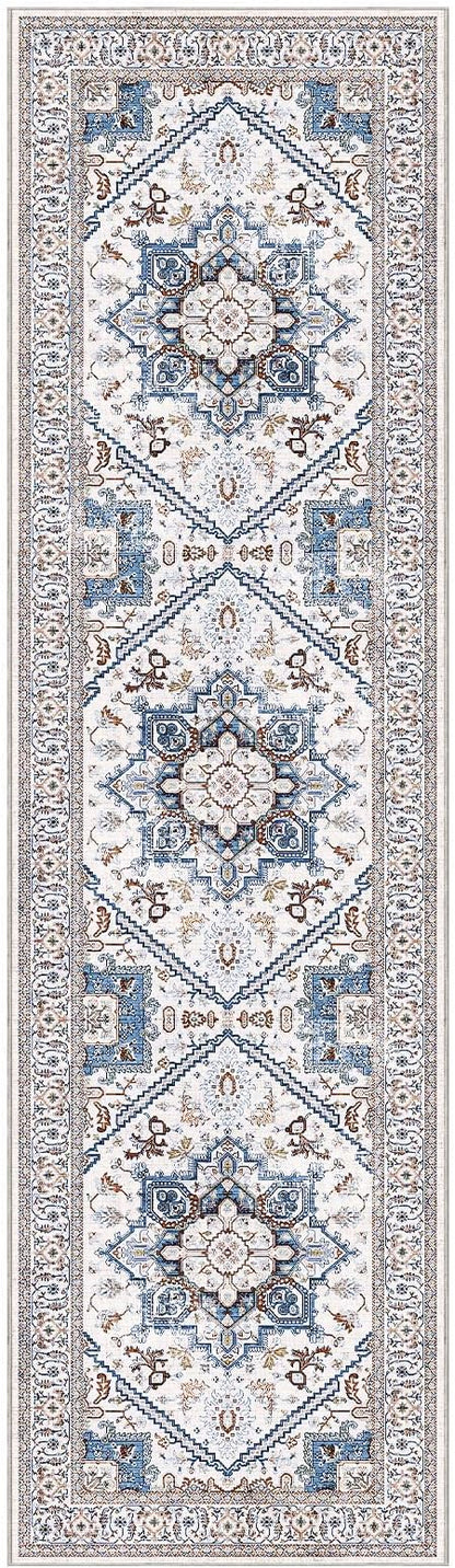 OPPODREAM Thin Entryway Rug 2x8, 2x8 Rug Runner, Neutral Washable Hallways Carpet 2 x 8 with Non Slip Backing, Low-Pile Bedside Carpet 2 x 8, Long, Faux Cashmere, Cream White & Blue & Light Brown