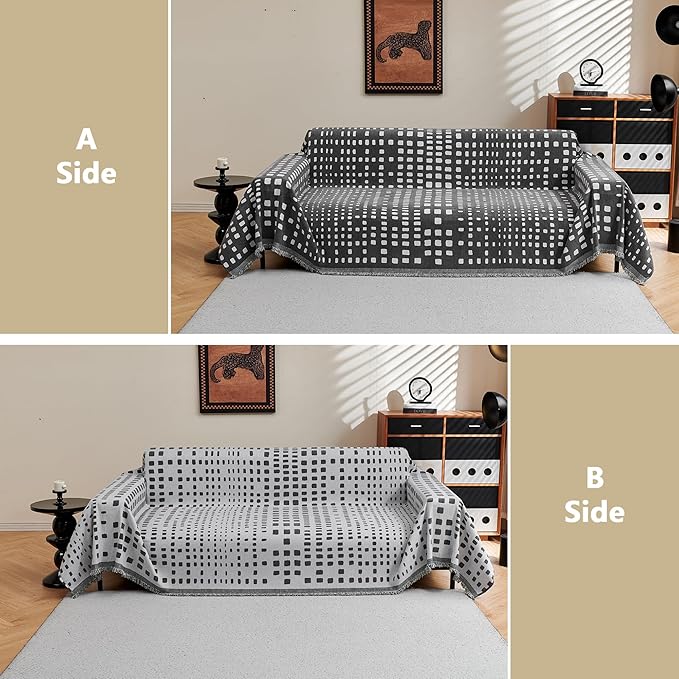 MEETSKY Boho Couch Cover Sofa Covers, Chenille Geometric Dark Grey Couch Covers for 2 Cushion Couch Sofa for Dogs, Washable Slipcover for Cat Sofa Protector with Tassels,71" x 118"